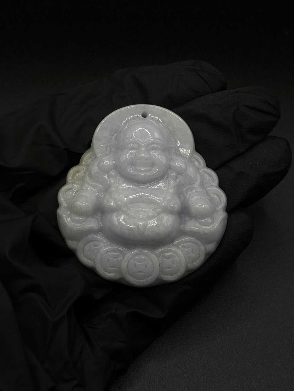 Tri Tone Laughing Buddha With Coins Jade Pendant